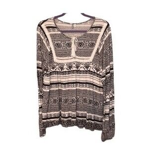 Rip Curl Floral & Striped Peasant Top Black White Print M
